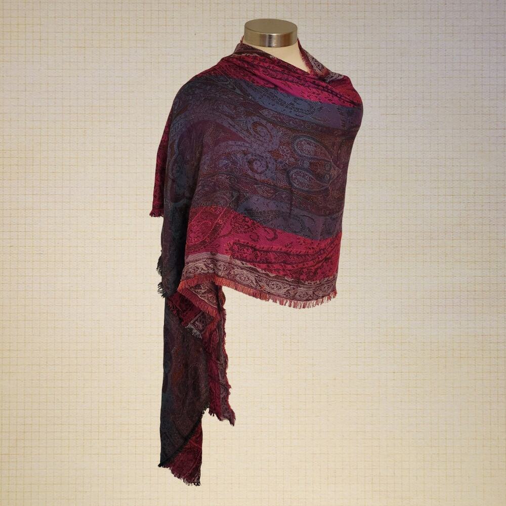 Purple Paisley Pashmina Scarf with Silver Tinsel Fringe 22x76